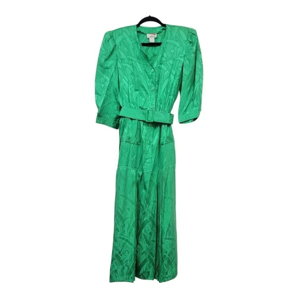 Vintage 80s Nilani 100% Silk Midi Shirt Dress Emerald Green Belted Size 11/12